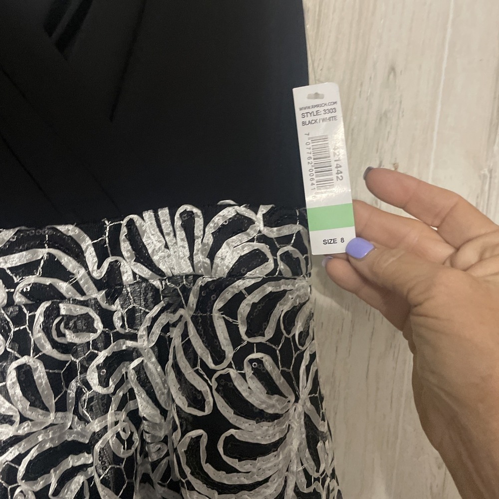 R&m Richard BLACK AND WHITESLEEVELESS DRESS WITH LACE SEQUENCE GLITERING SIZE 8 - Picture 5 of 10